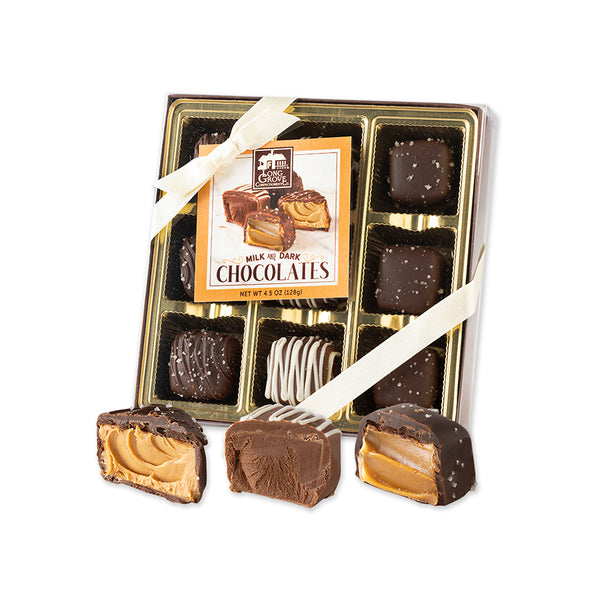Box of milk and dark chocolate truffles with a visible brand label on a white background