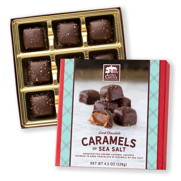Box of Dark Chocolate Caramels with Sea Salt by Wine & Grove on a white background