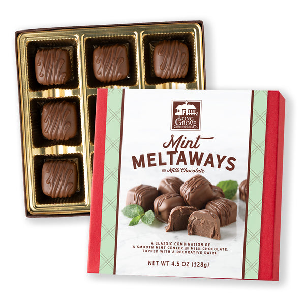 Box of Mint Meltaways with Milk Chocolate on a white background