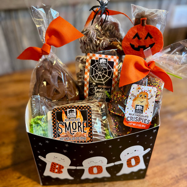Gift Box Crispies, marshmallow pop, spiderweb pretzels, solid chocolate Jack o'lantern