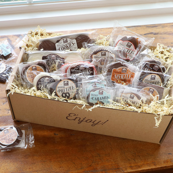 Buttery Caramel, crunchy milk-white-dark chocolate covered pretzels, cookies, Giant Peanut Butter Cup, and 3 Giant Myrtles  