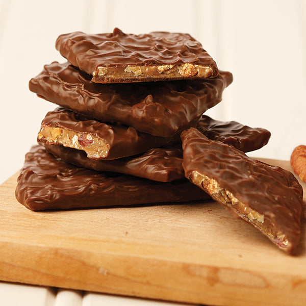 Crunchy, buttery, pecan toffee enrobed in milk chocolate